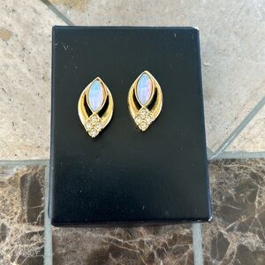 Avon Faux Opal & Clear Rhinestone Gold Tone Stud Earrings